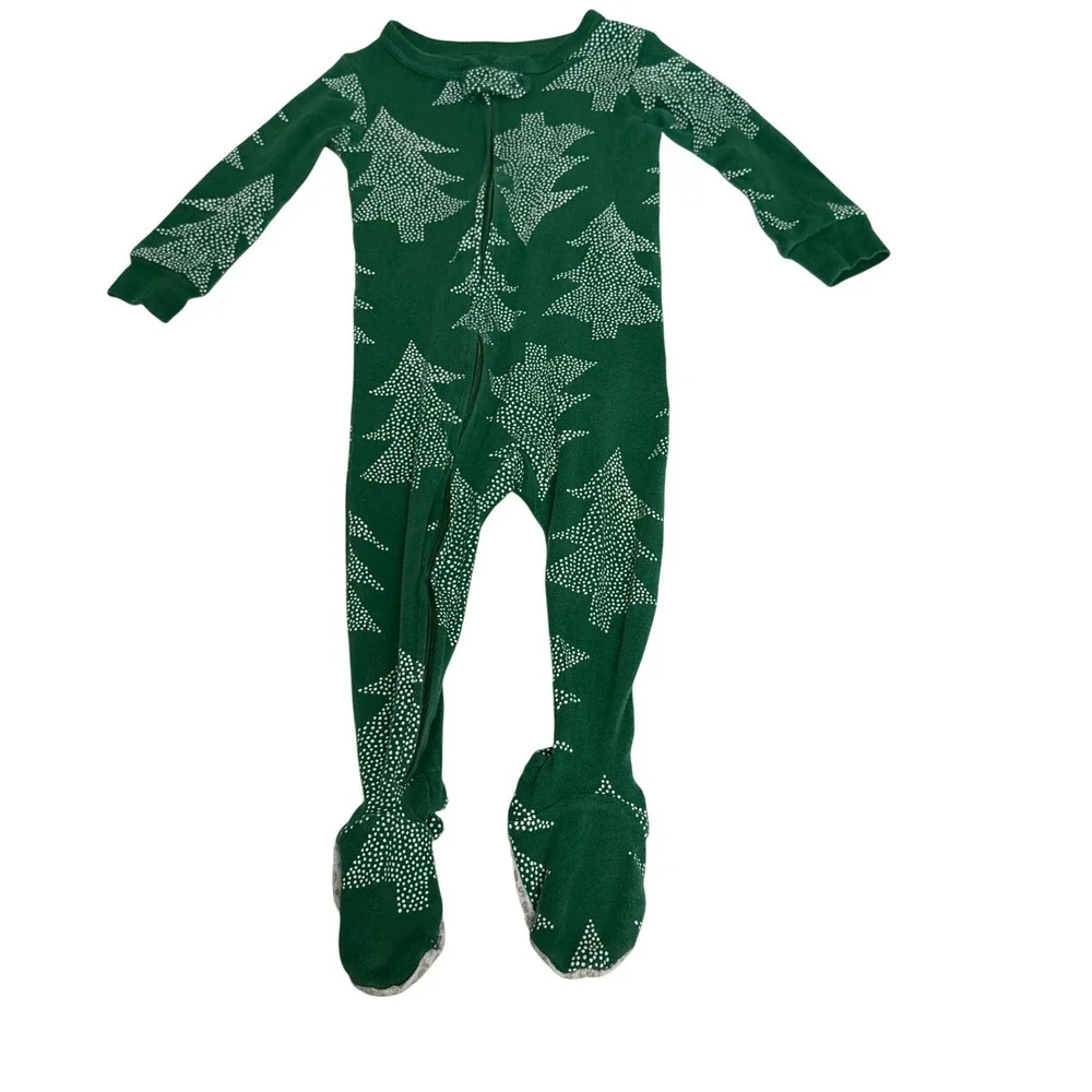 Carters Baby 12M Green Christmas Tree Dotted Zip Up Cotton Footed Pajamas PJs